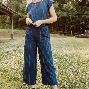 Katie Handwoven Cotton Crop Set in Navy Pin Stripe